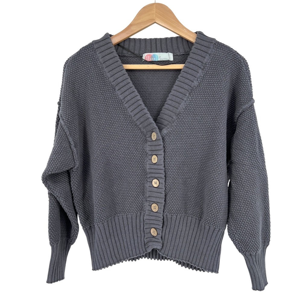 Free People Beach Cardigan Hailee Small Gray Waffle Knit Sweater